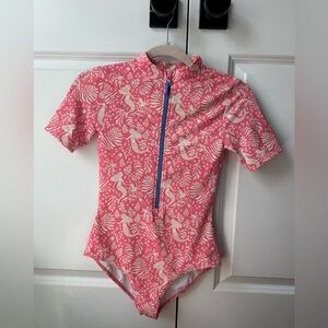 Mini Boden Kids Short Sleeve One Piece Swimsuit in Strawberry Pink Mermaid Print